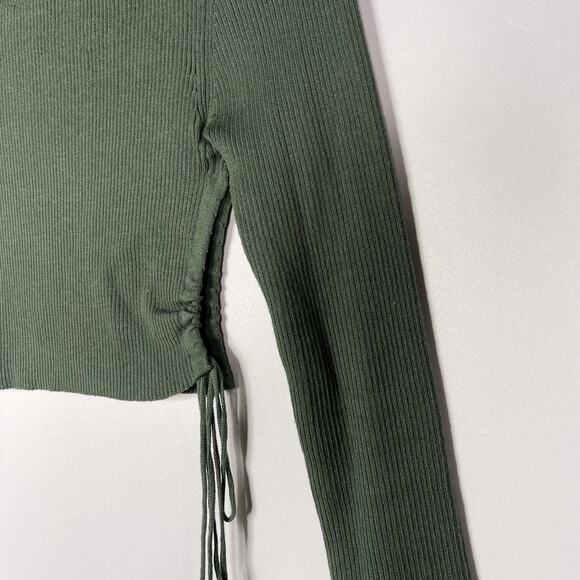 Zara Womens Small S Green Cropped Ribbed Sweater Side Tie Keyhole Opening Fitted - Picture 4 of 8
